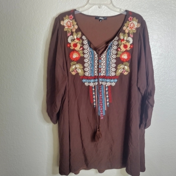 andree by unit embroidered boho long sleeve tunic top sz 2X - Picture 1 of 7